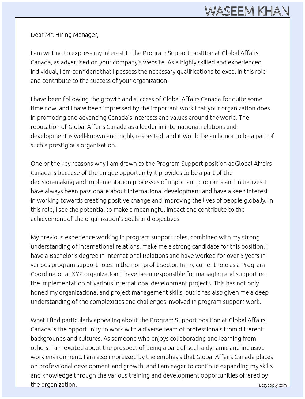 Program support At Global affairs canada Cover Letter