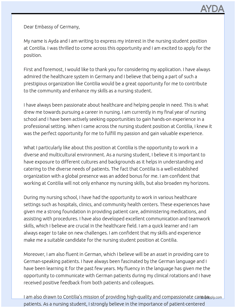 nursing student At contilia Cover Letter