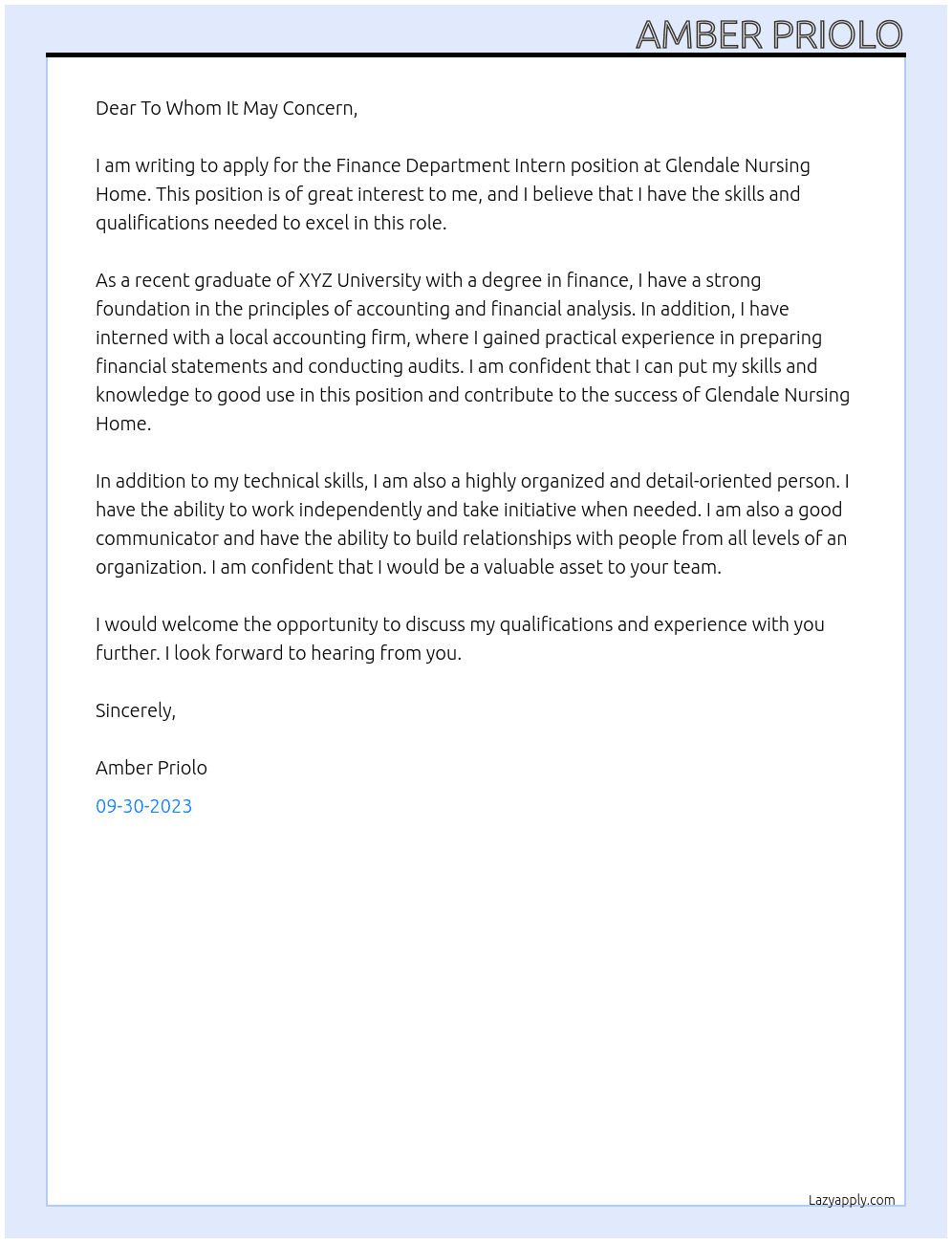 Finance Department Intern At Glendale Nursing Home Cover Letter