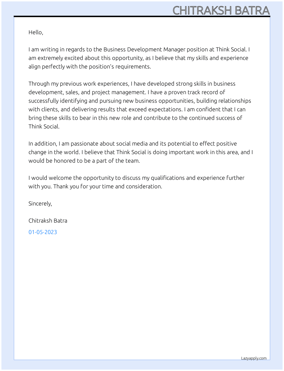 BDM At Think Social Cover Letter