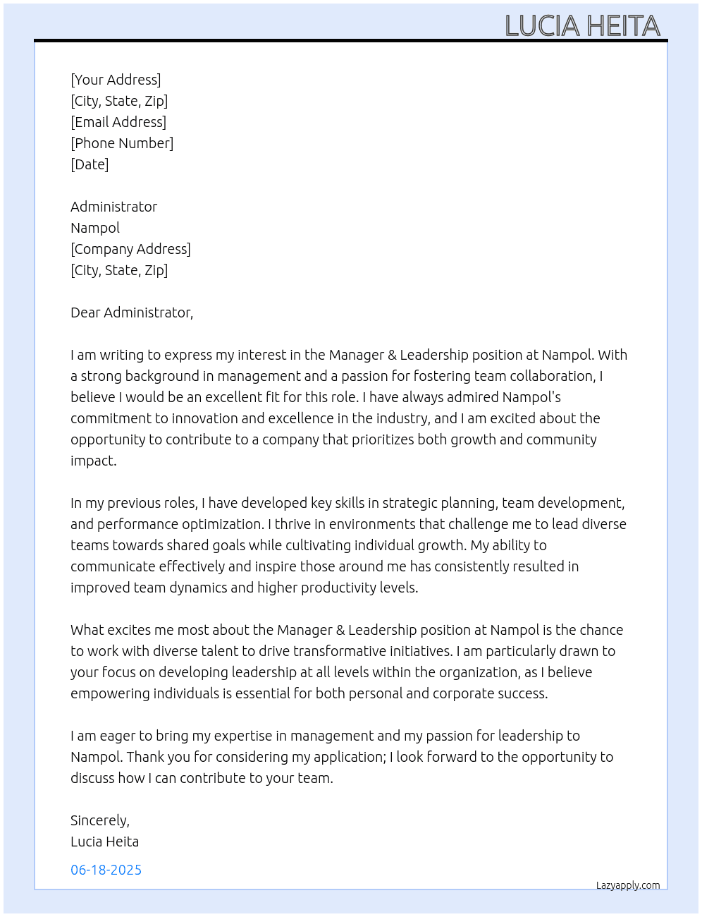 Manager & leadership At Nampol Cover Letter