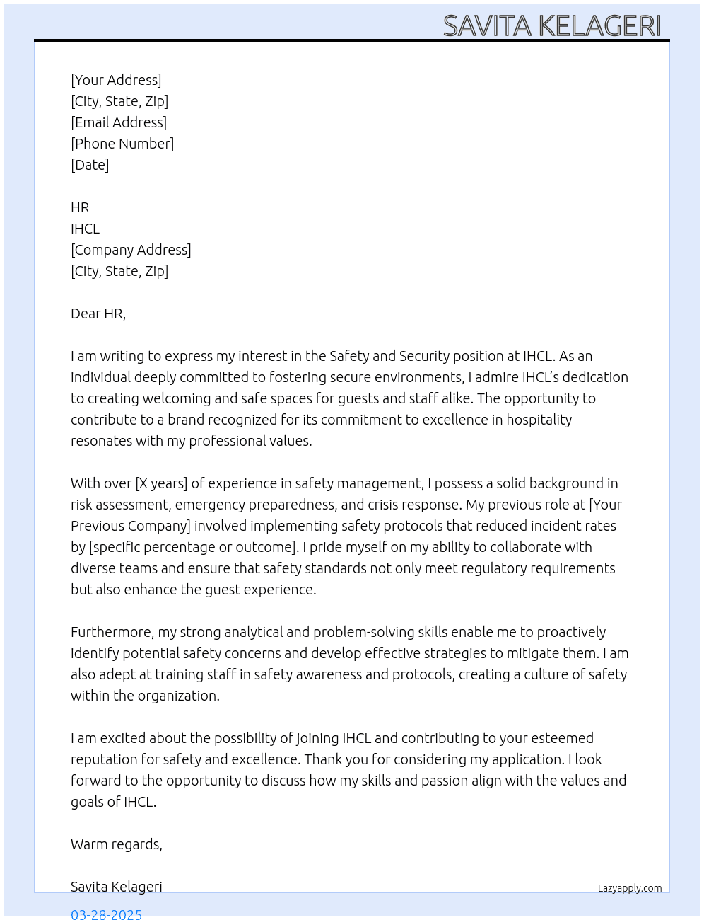 Cover letter for safety and security - LazyApply