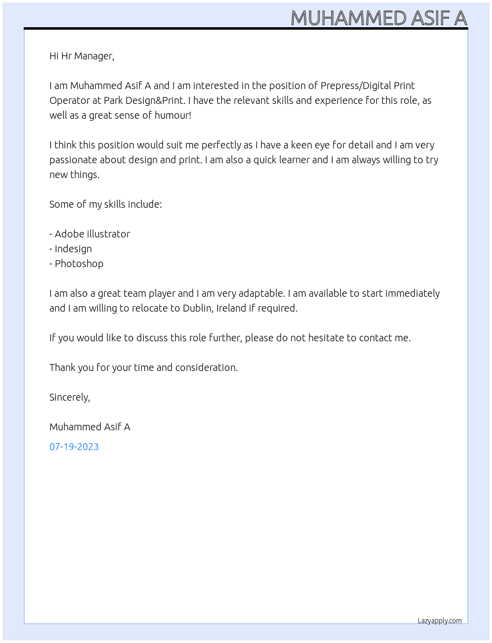 Prepress/Digital Print Operator  At Park Design&Print Cover Letter