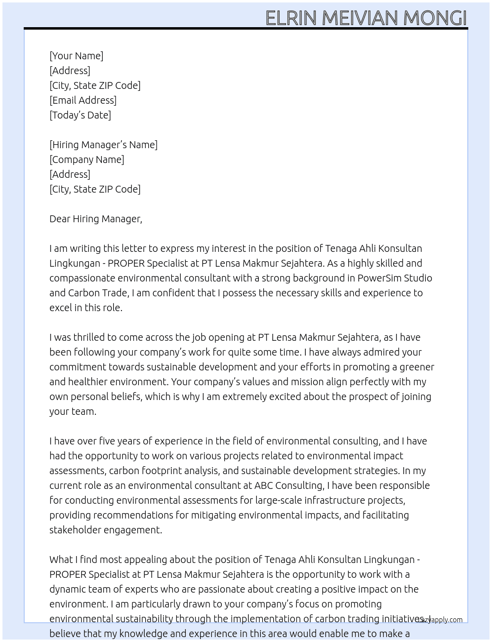 Tenaga Ahli Konsultan Lingkungan - PROPER Specialist At PT Lensa Makmur Sejahtera Cover Letter