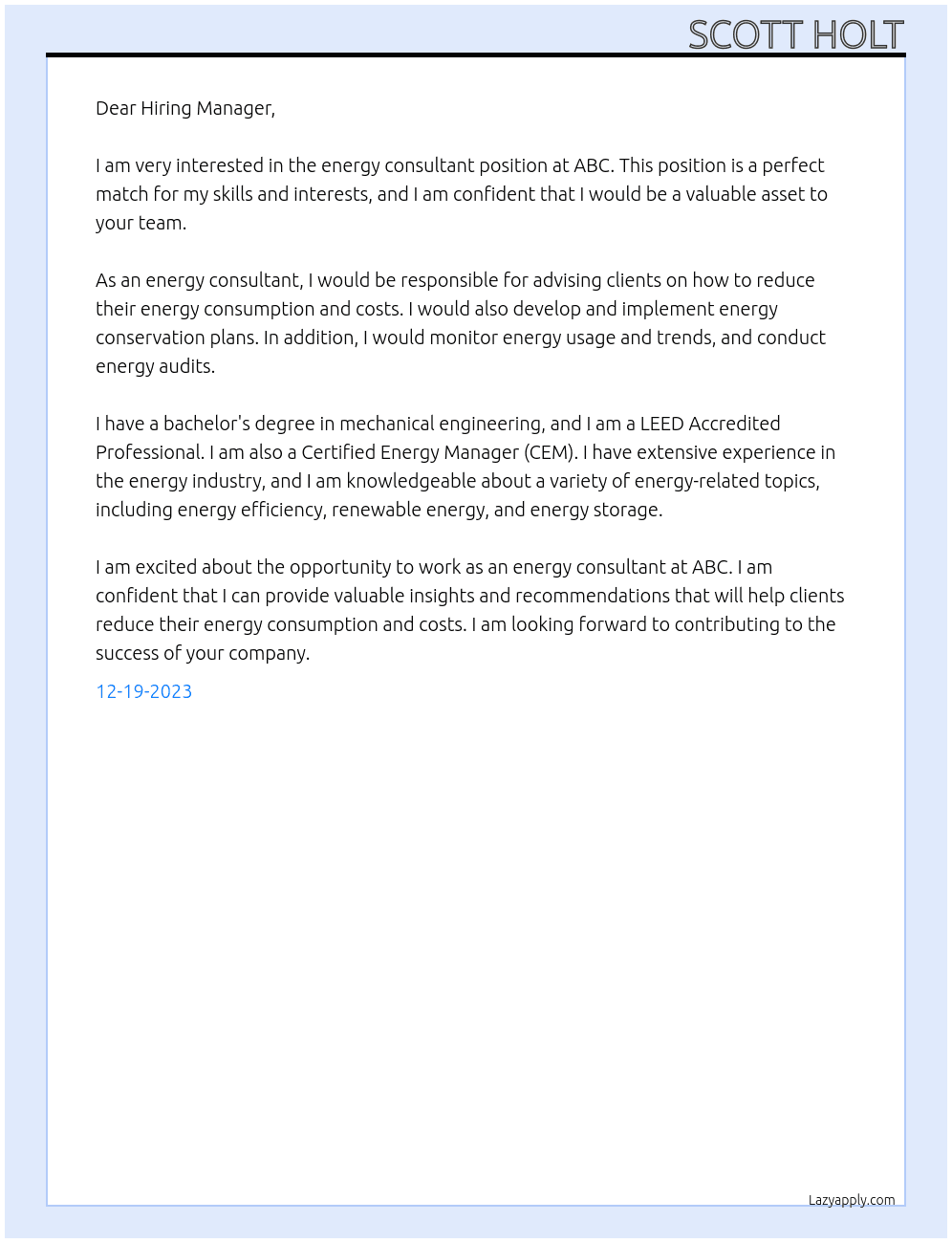 energy consultant At ABC Cover Letter