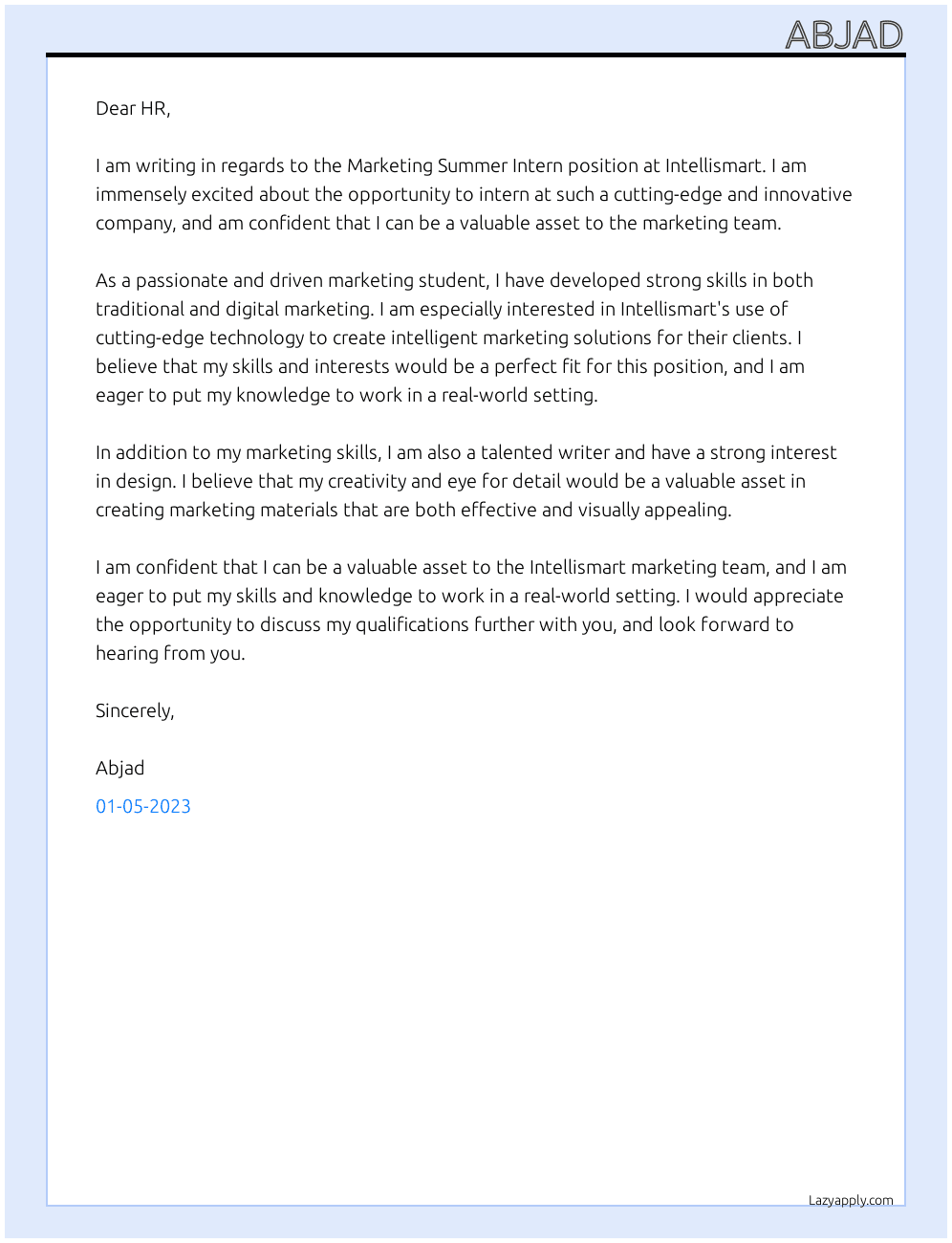 Marketing Summer Intern At Intellismart Cover Letter