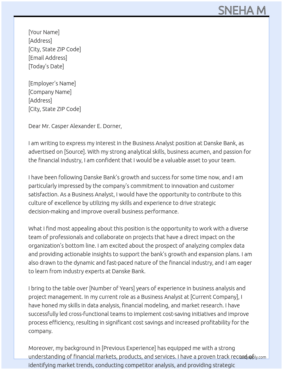 Business Analyst At Danske Bank Cover Letter