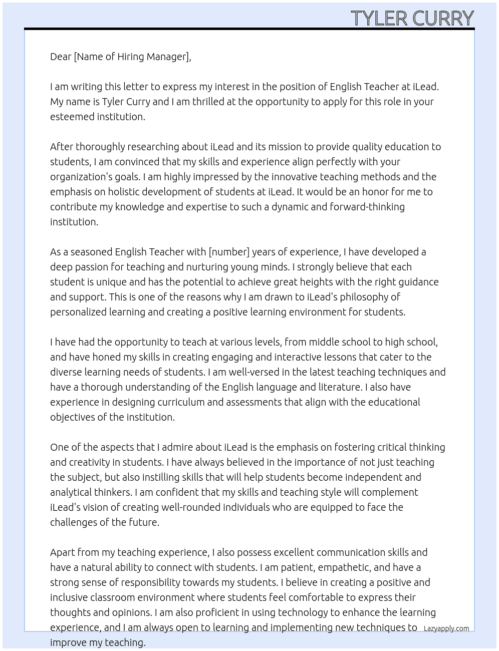 English Teacher At iLead Cover Letter