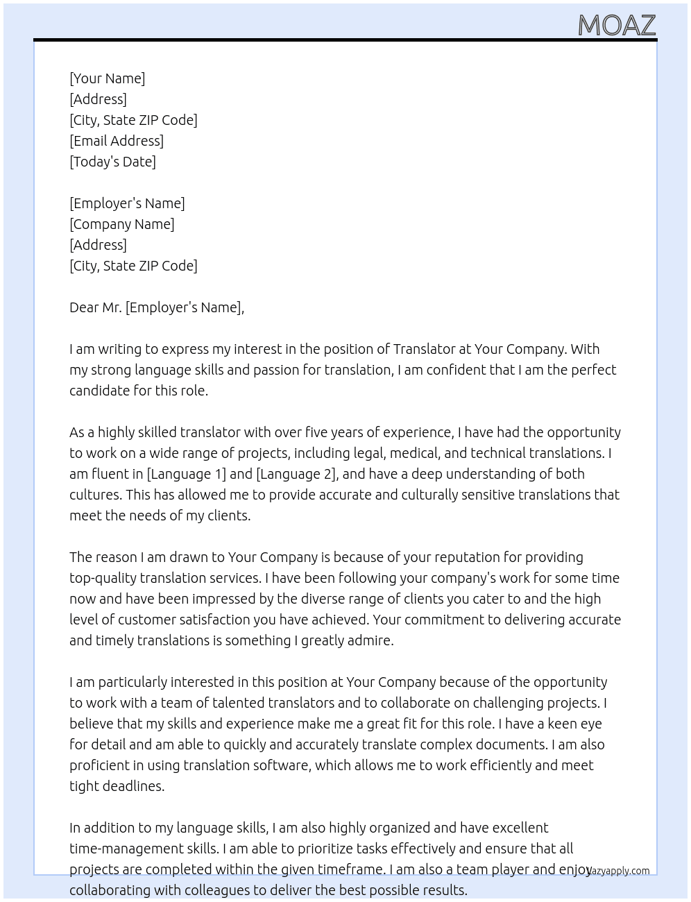 Translator At Your Conpany Cover Letter