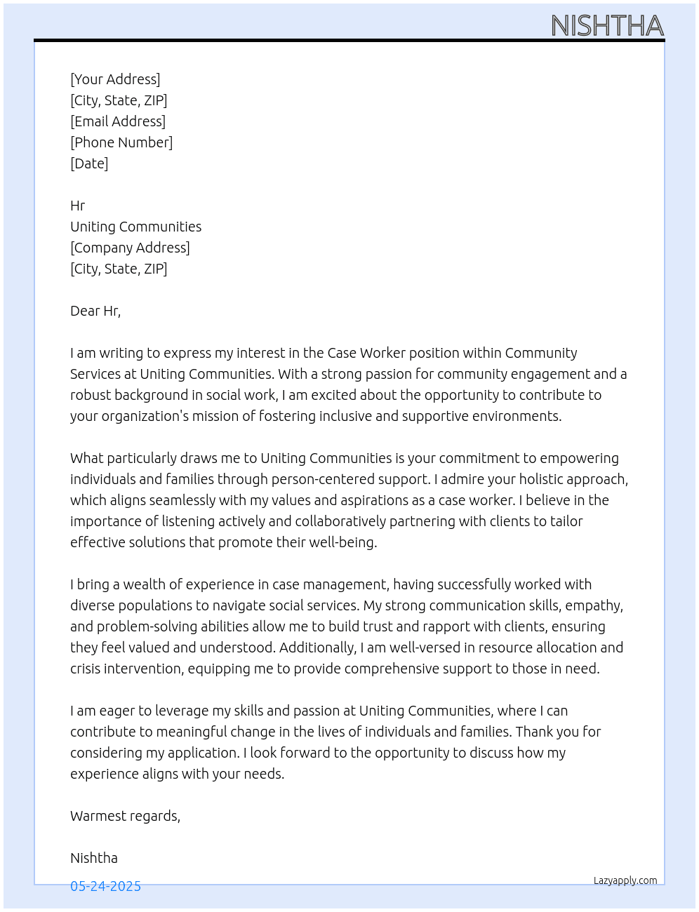 Case Worker - Community Services At Uniting Communities Cover Letter