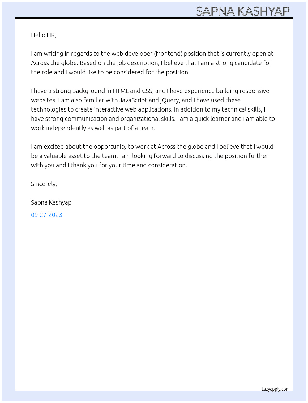 web developer (frontend) At Across the  globe Cover Letter