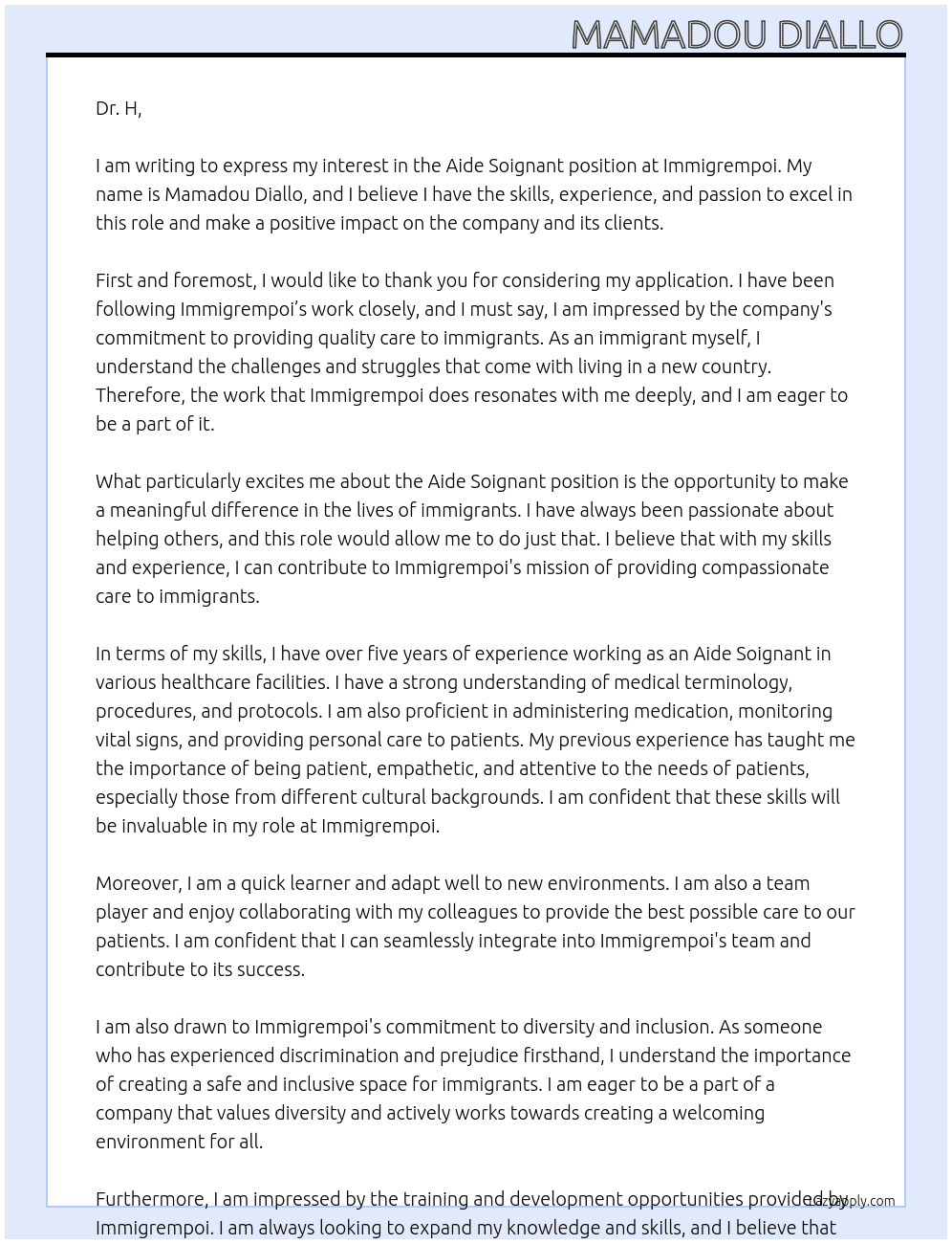 aide soignant  At immigrempoi Cover Letter