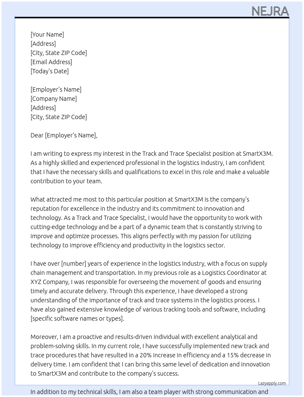Track and Trace Specialist At SmartX3M Cover Letter