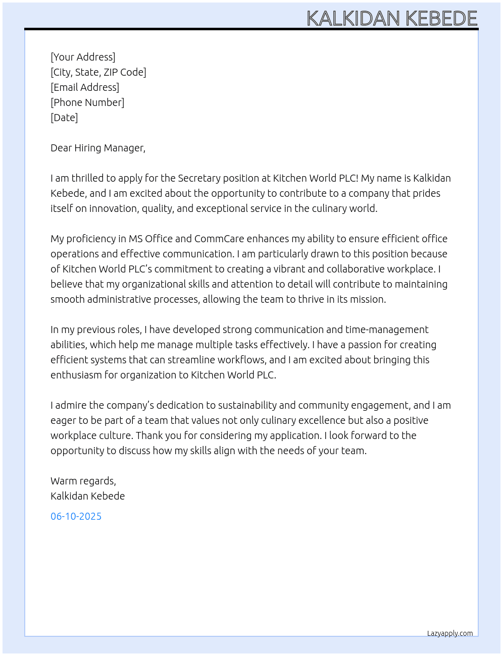 Secretary At Kitchen world plc Cover Letter
