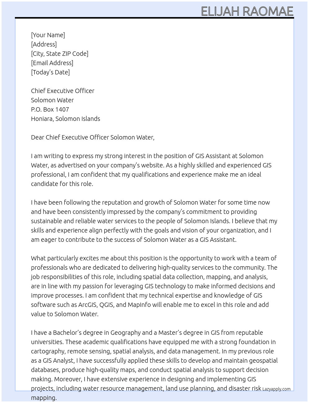 GIS Assistant At Solomon Water Cover Letter