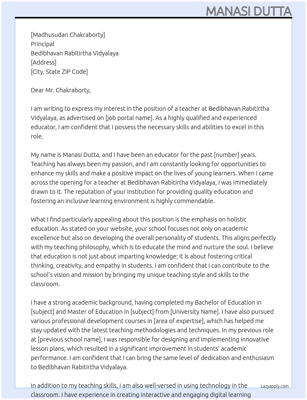 teacher At Bedibhavan rabitirtha vidyalaya Cover Letter