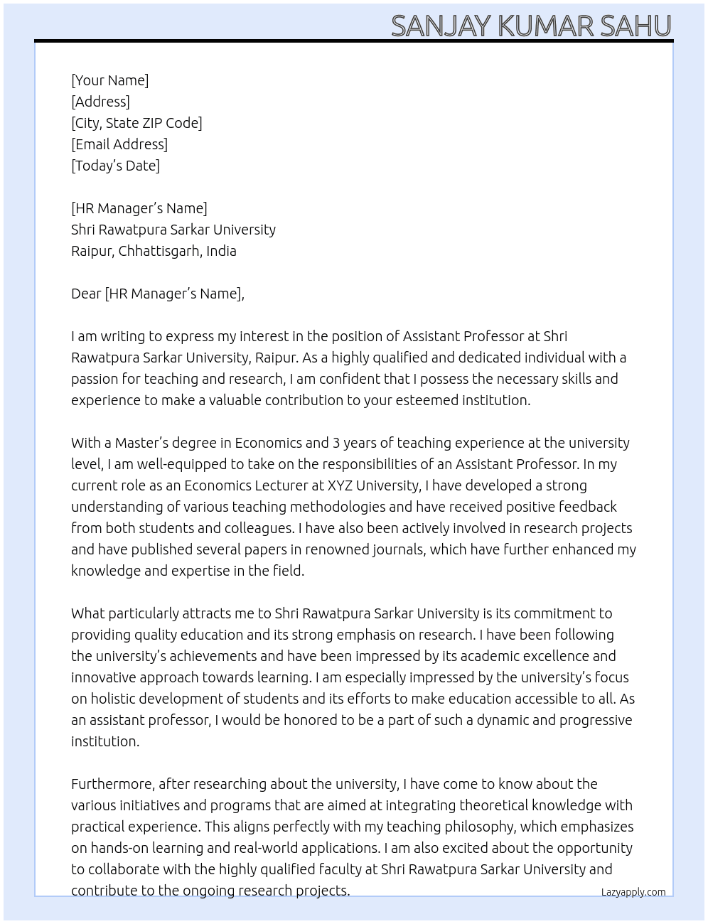 Assistant professor  At Shri Rawatpura Sarkar University, Raipur Cover Letter