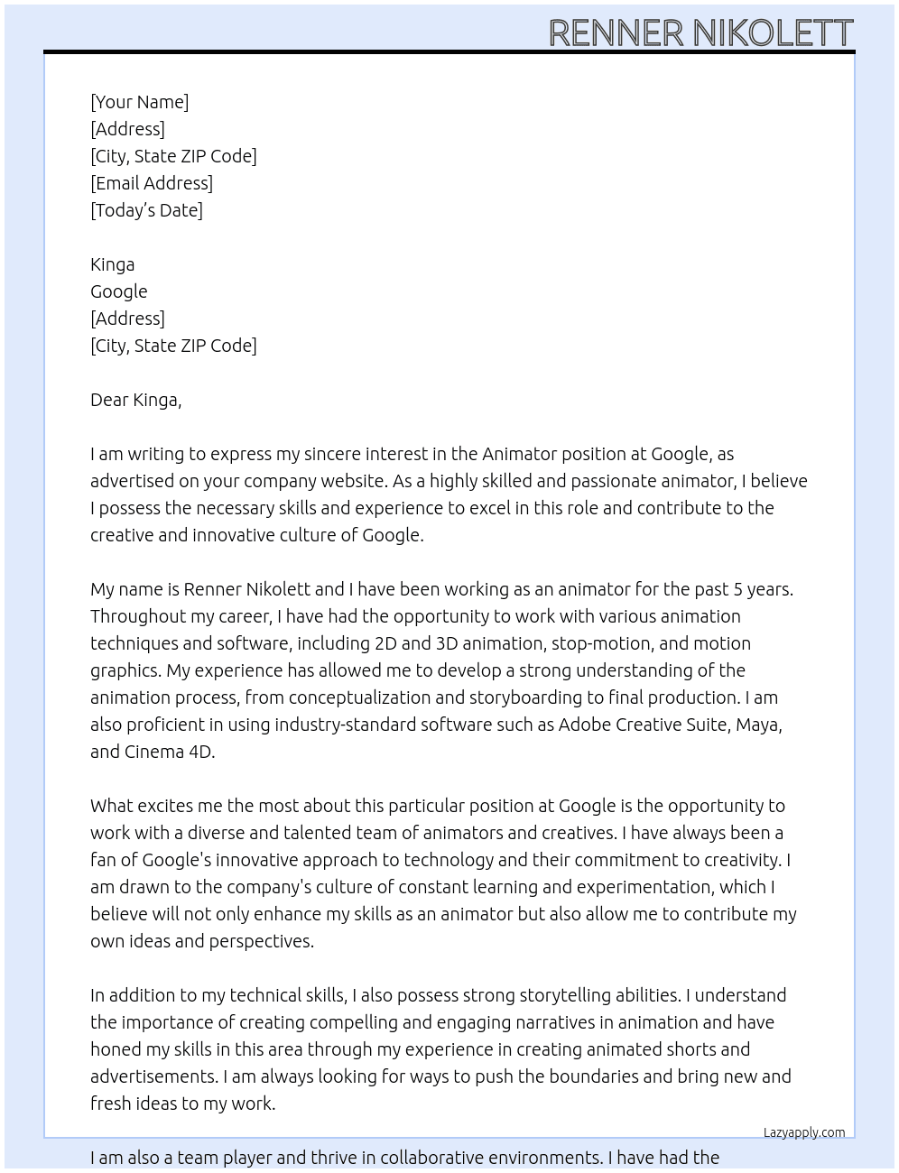 Animator At google Cover Letter