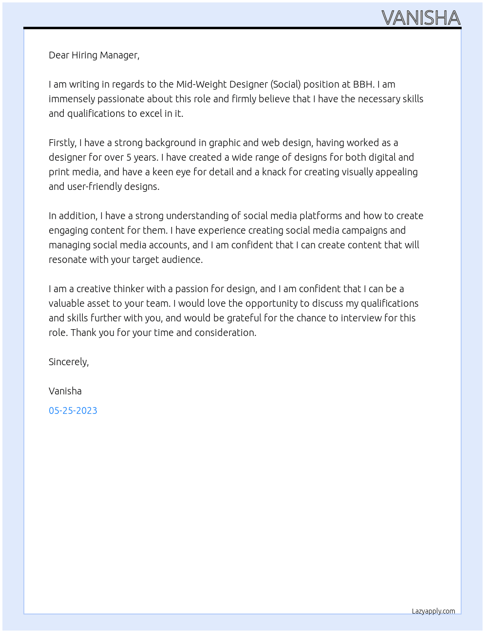 Mid-Weight Designer (Social) At BBH Cover Letter