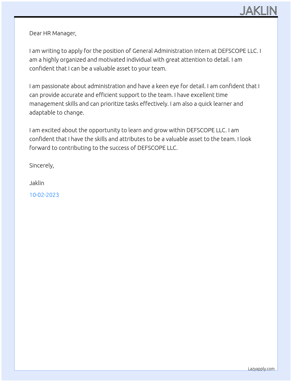 General Administration Intern At DEFSCOPE LLC Cover Letter