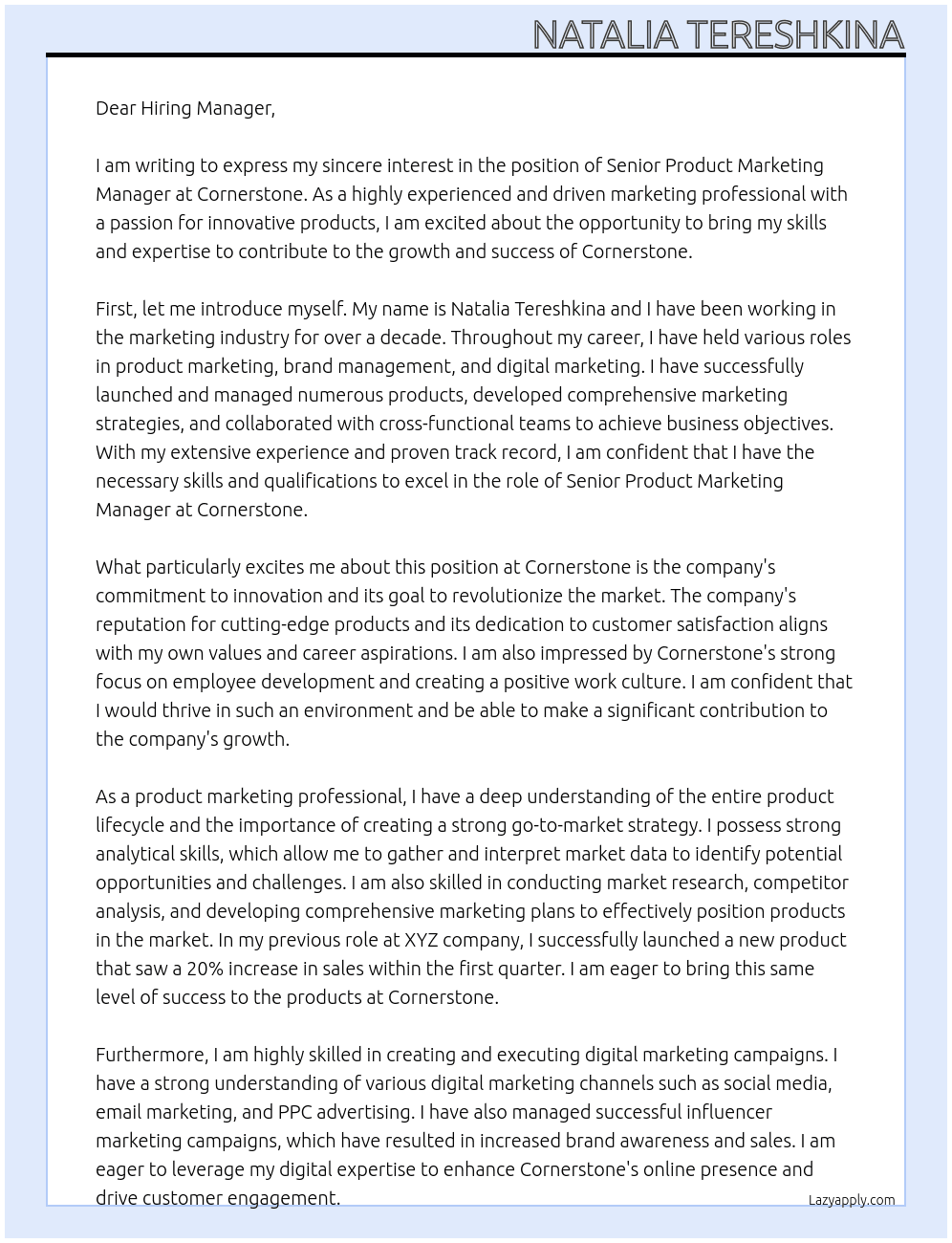 Senior Product Marketing Manager At Cornerstone Cover Letter