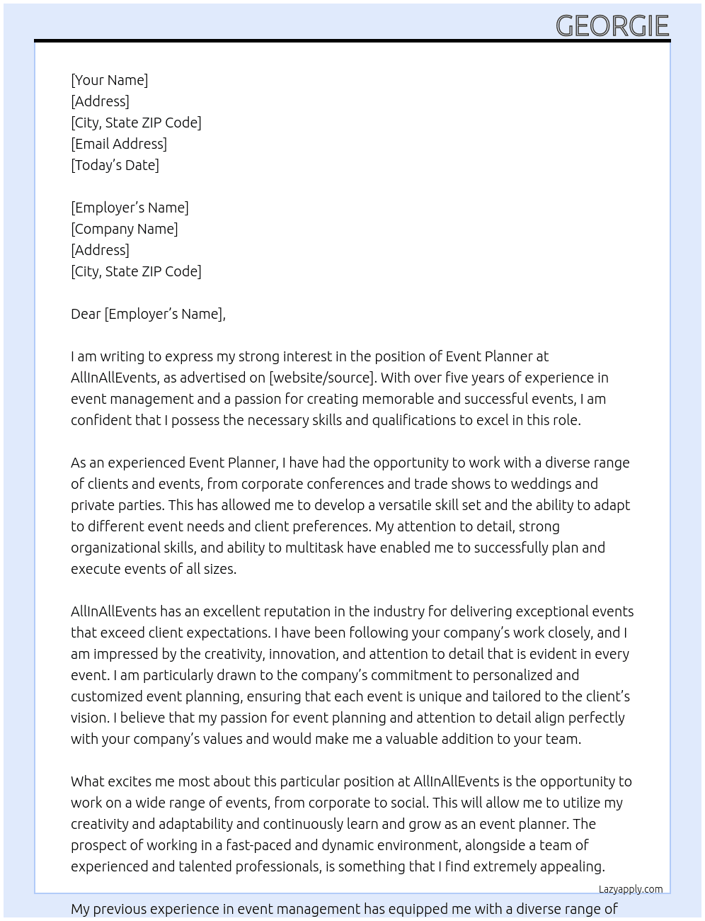 event planner At AllInAllEvents Cover Letter