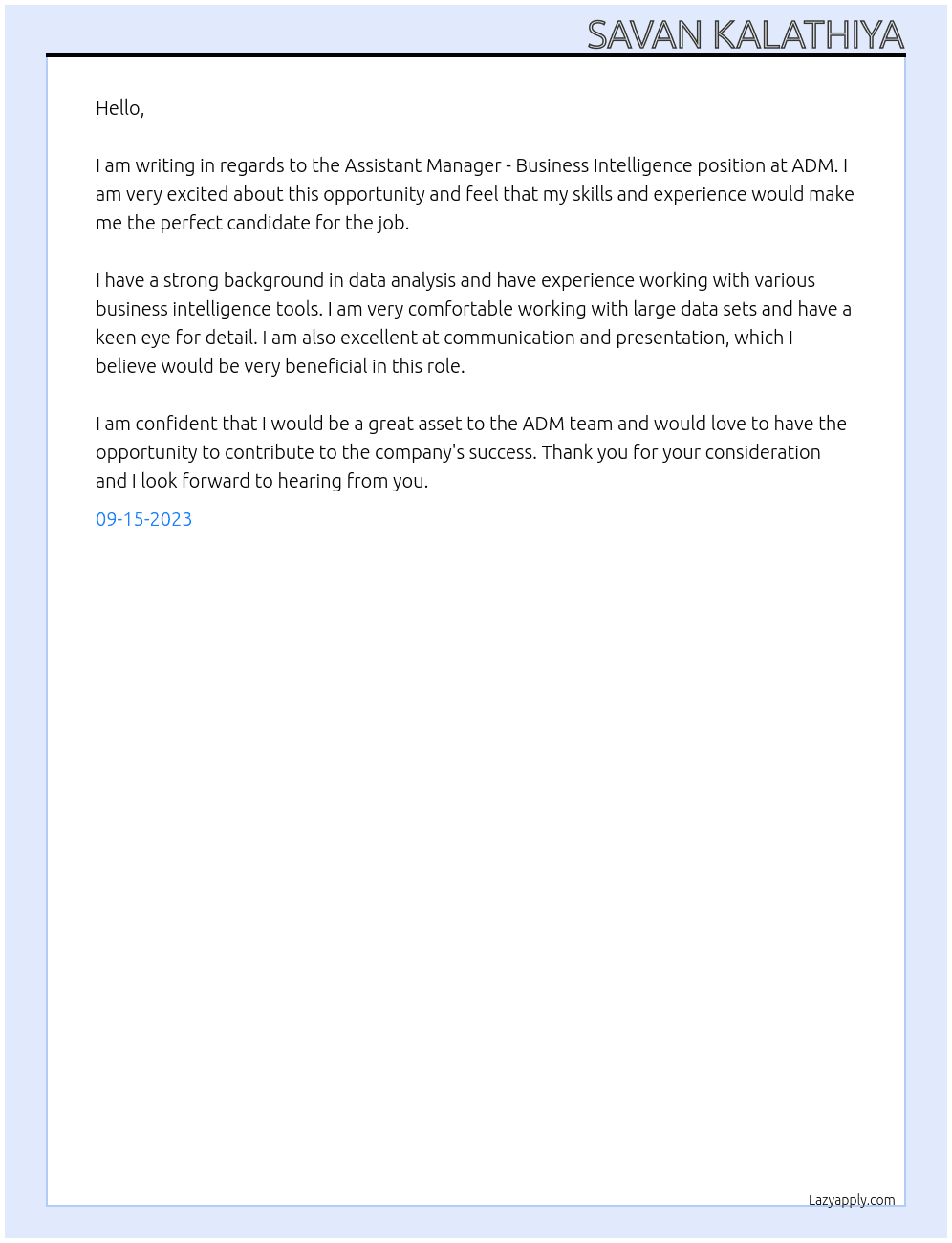 Assistant Manager - Business Intelligence  At ADM Cover Letter