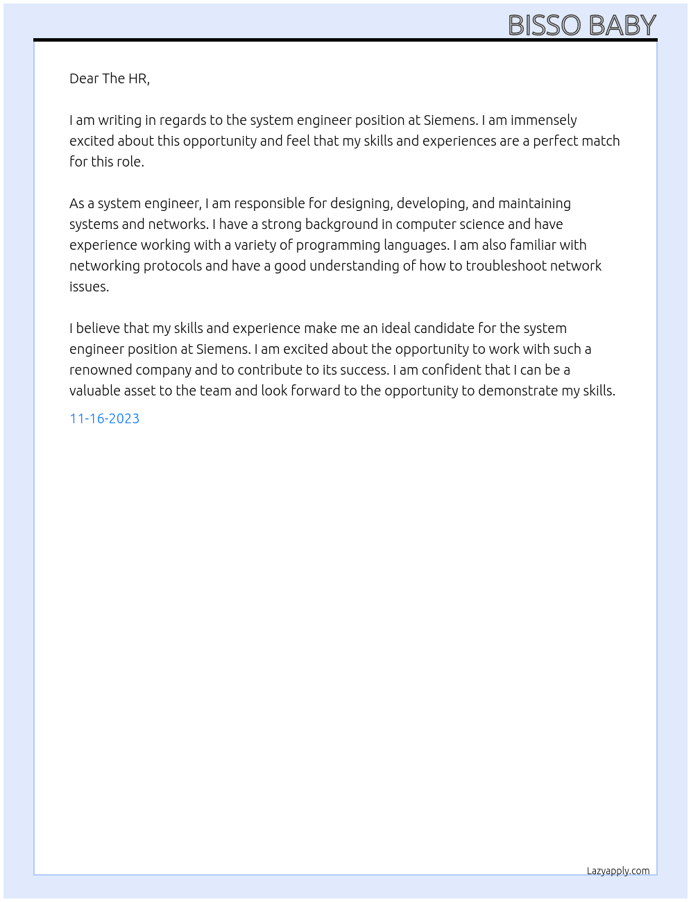 system engineer At siemens Cover Letter