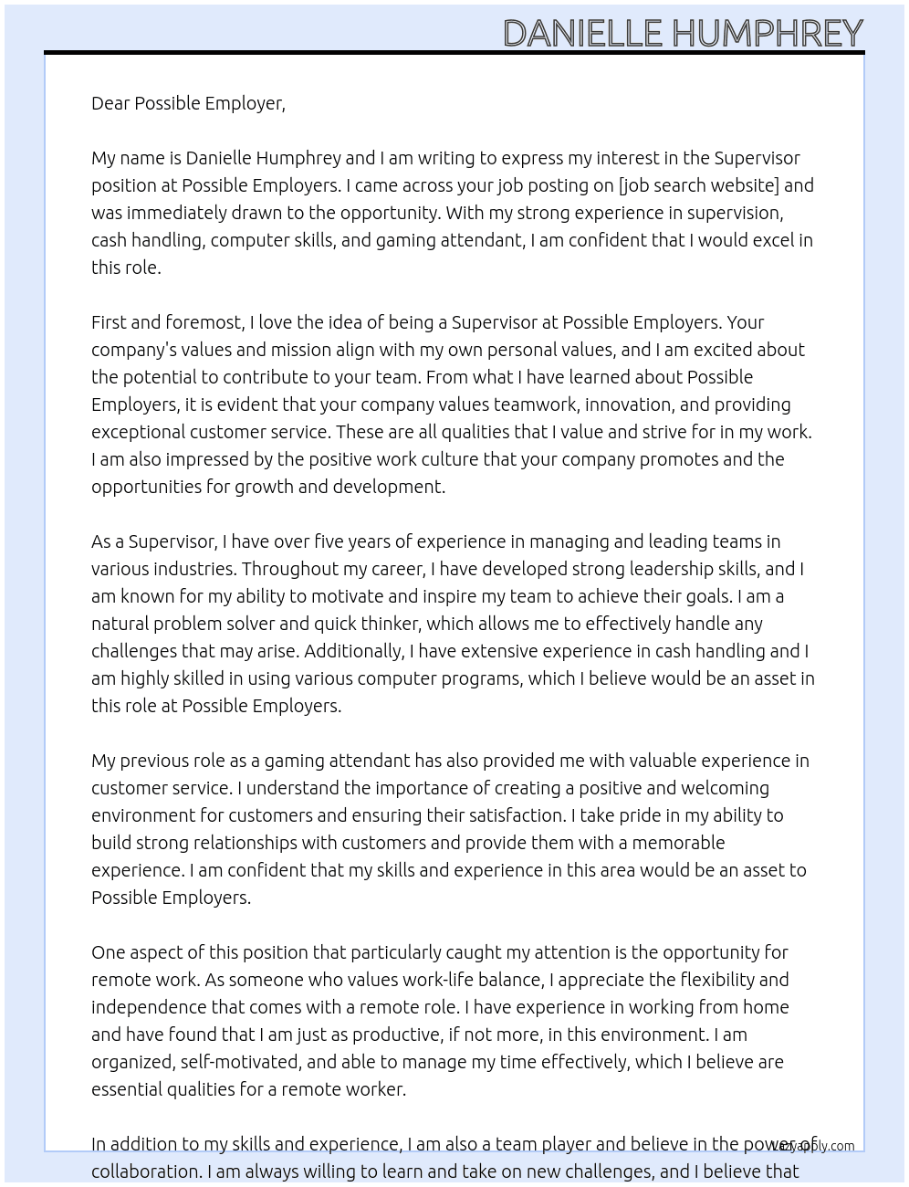 Supervisor  At Possible employers  Cover Letter