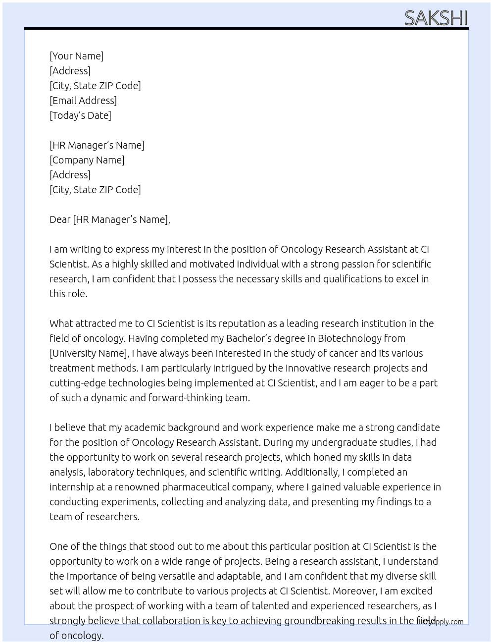 oncology research assistant At ci scientist Cover Letter