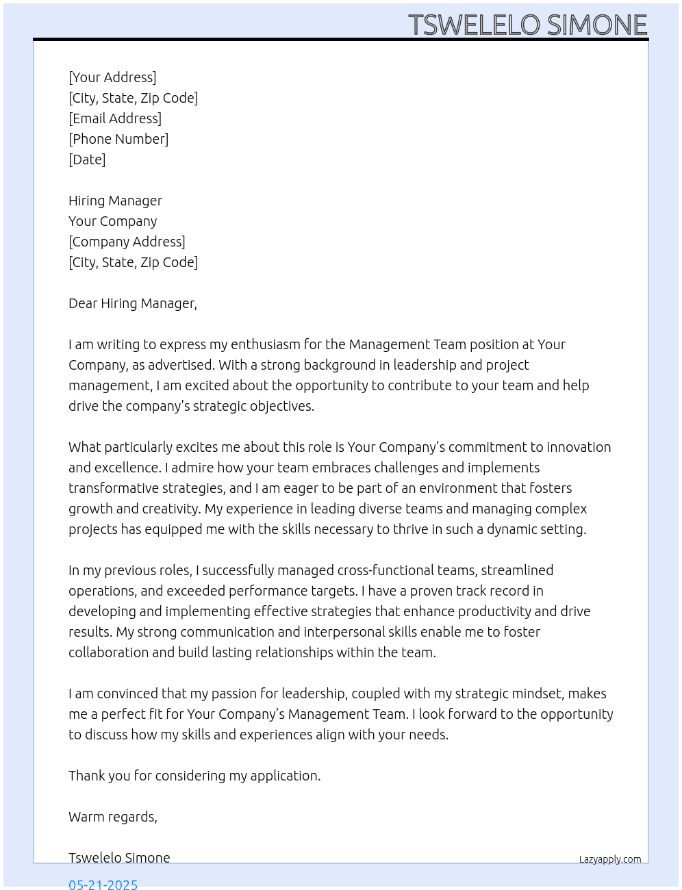 Cover letter for management team - LazyApply