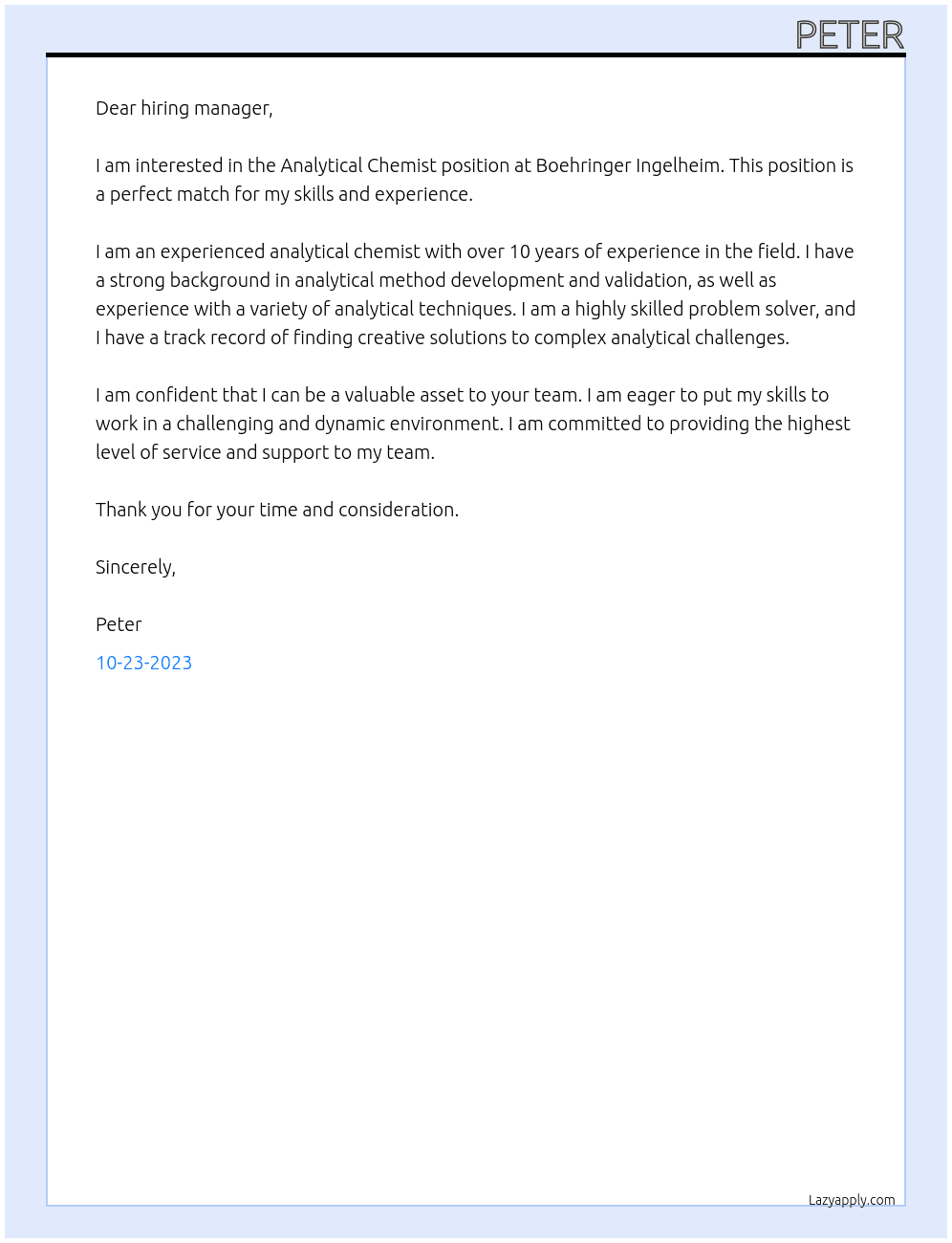 Analytical Chemist At Boehringer Ingelheim Cover Letter