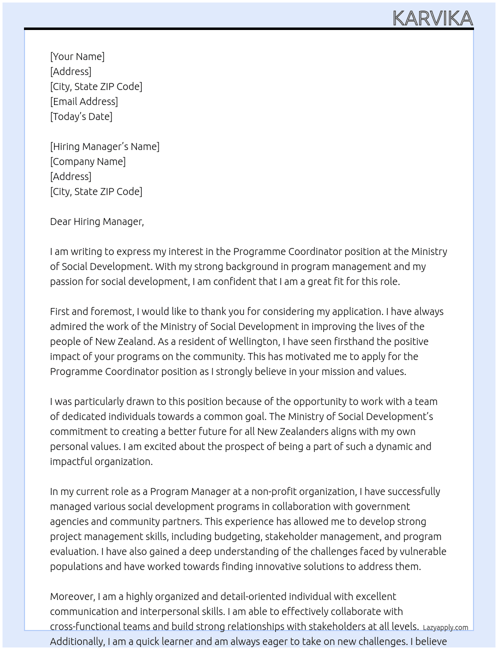 Programme Coordinator  At Ministry of Social Development  Cover Letter