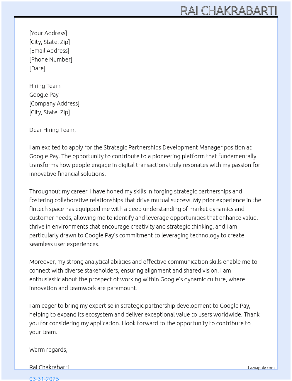 Strategic Partnerships Development Manager At Google Pay Cover Letter
