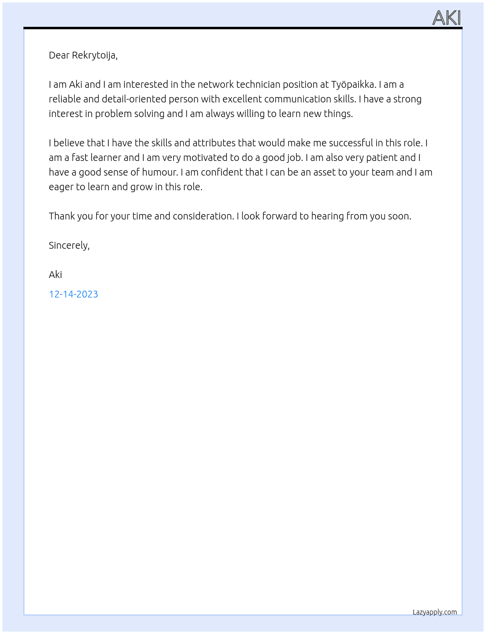 network tecnician At Työpaikka Cover Letter