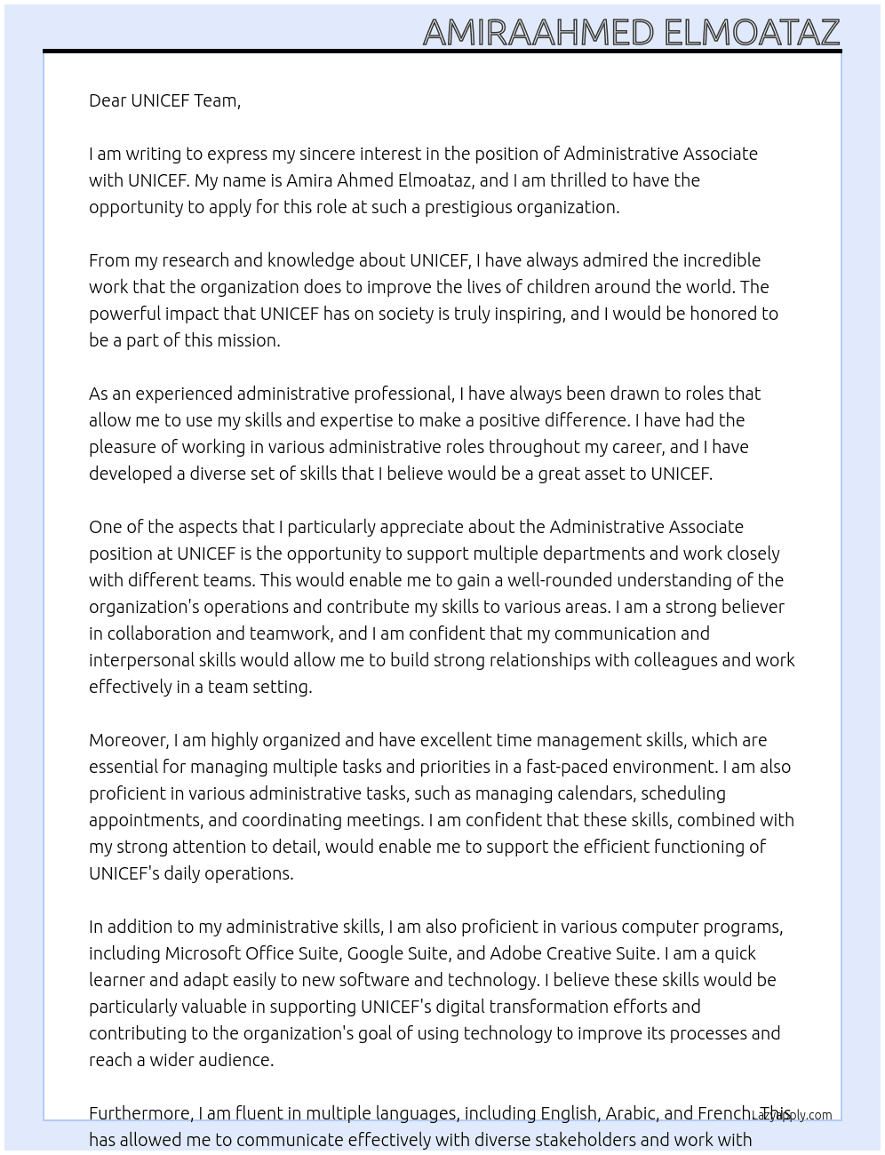 Administrative associate At Unicef Cover Letter
