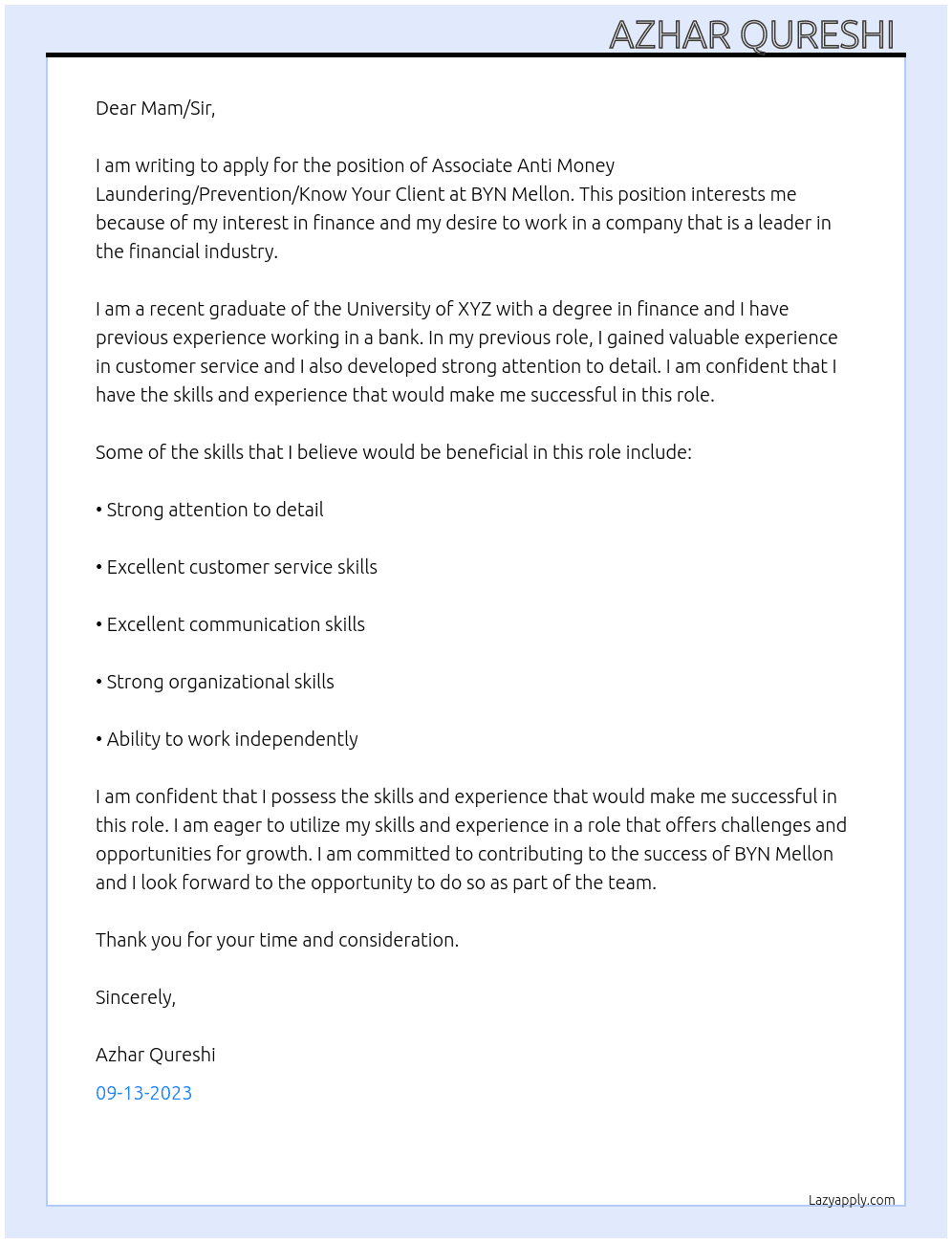Associate Anti Money Laundering/Prevention/Know Your Client  At BYN Mellon  Cover Letter