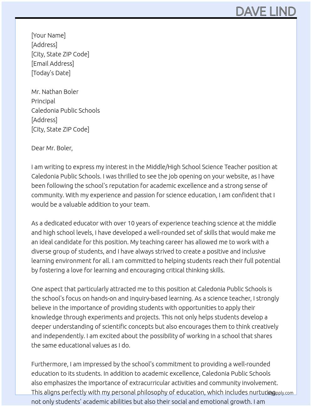Middle/High School Science Teacher At Caledonia Public Schools Cover Letter