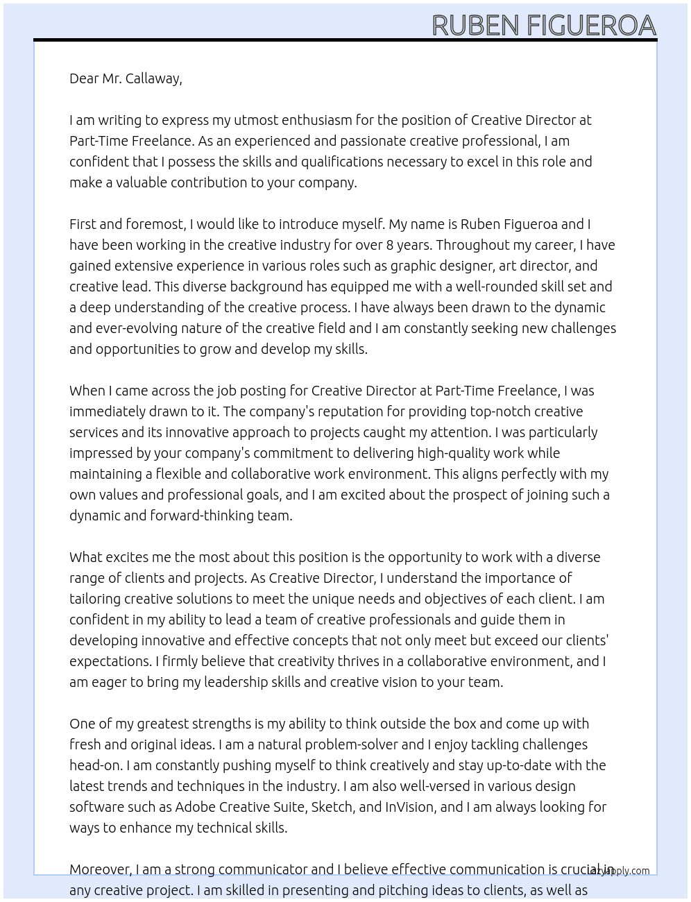 Creative Director At Part-Time Freelance Cover Letter