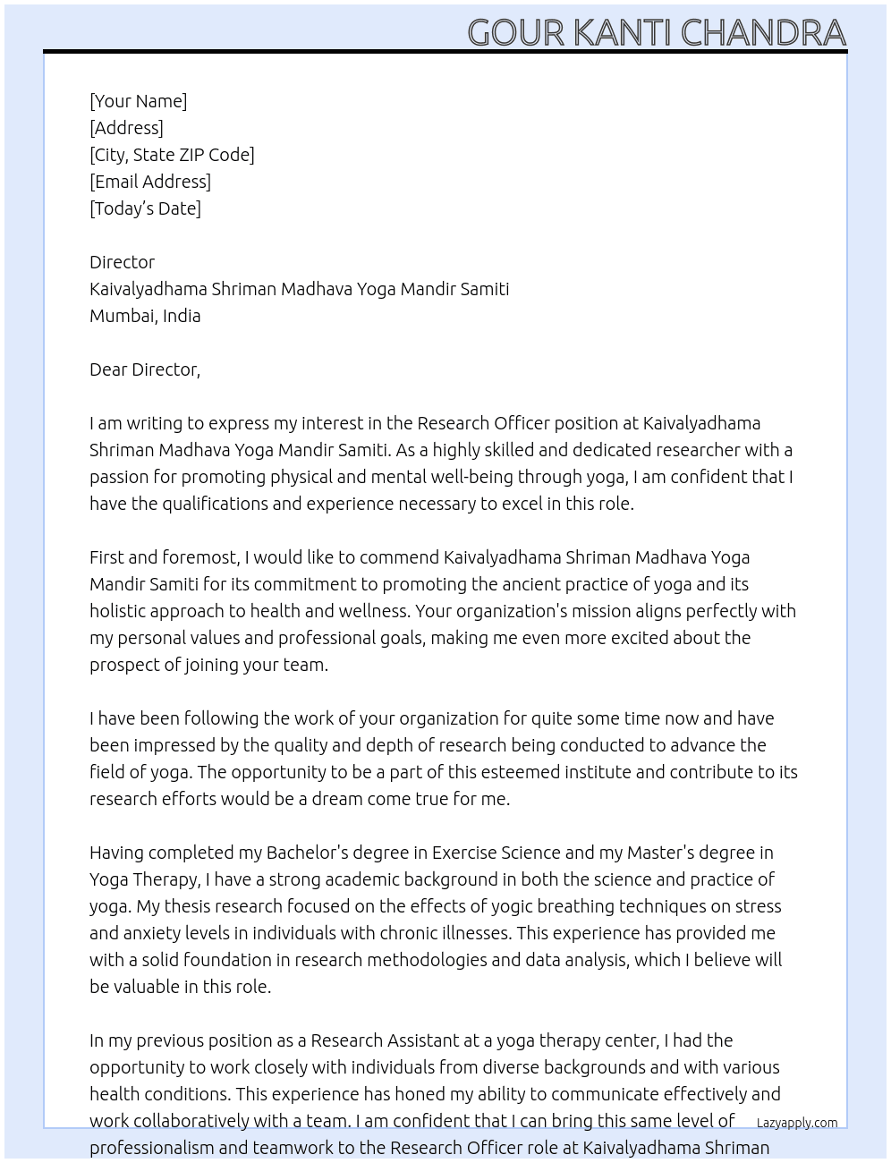 Research Officer At Kaivalyadhama Shriman Madhava Yoga Mandir Samiti Cover Letter