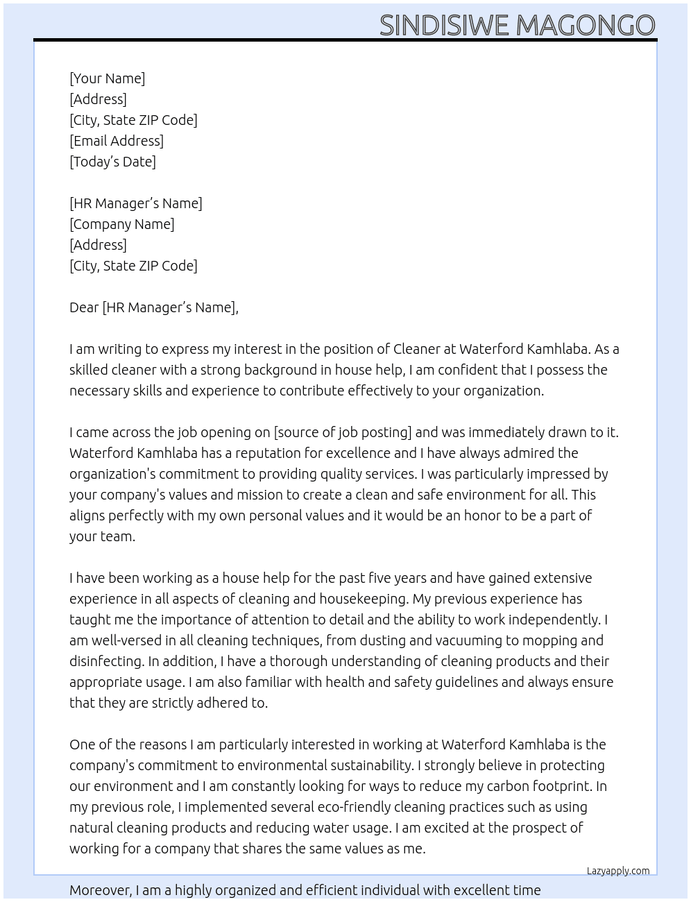 Cleaner At Waterford kamhlaba Cover Letter