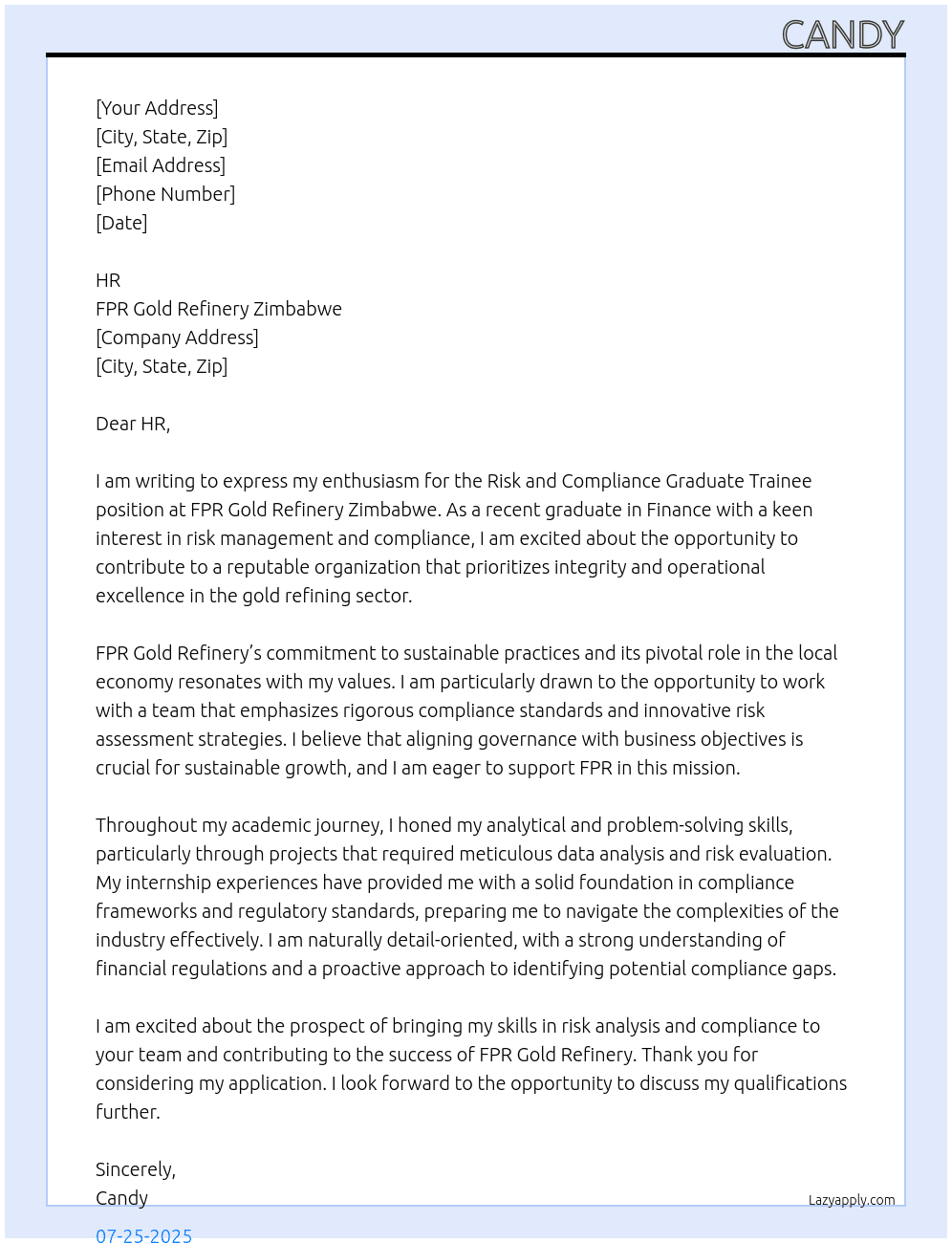 Risk and Compliance graduate trainee At FPR gold refinery zimbabwe Cover Letter