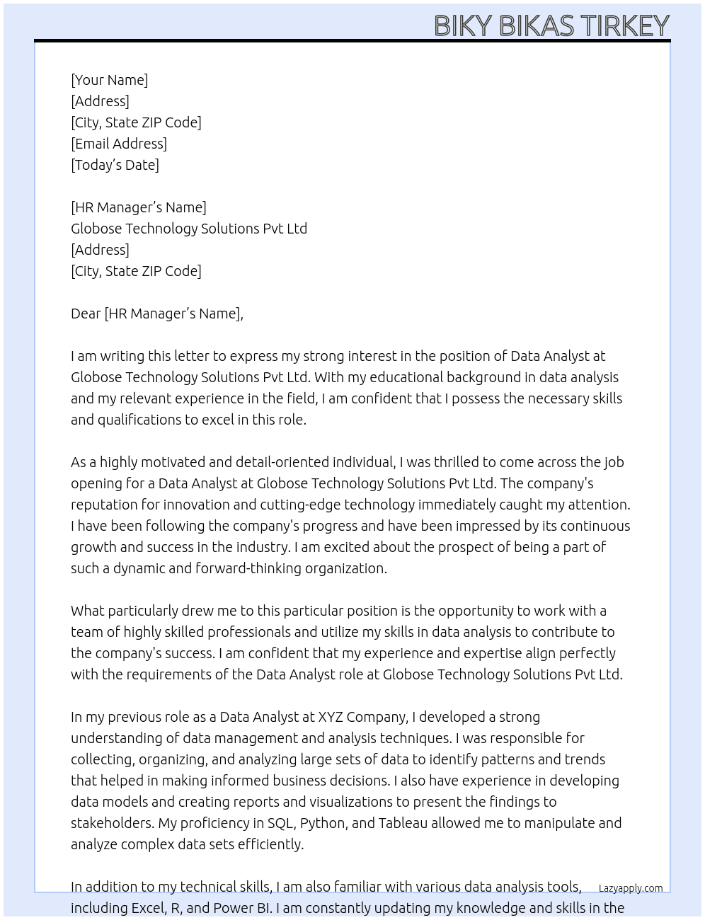 Data Analyst  At Globose Technology Solutions Pvt Ltd Cover Letter