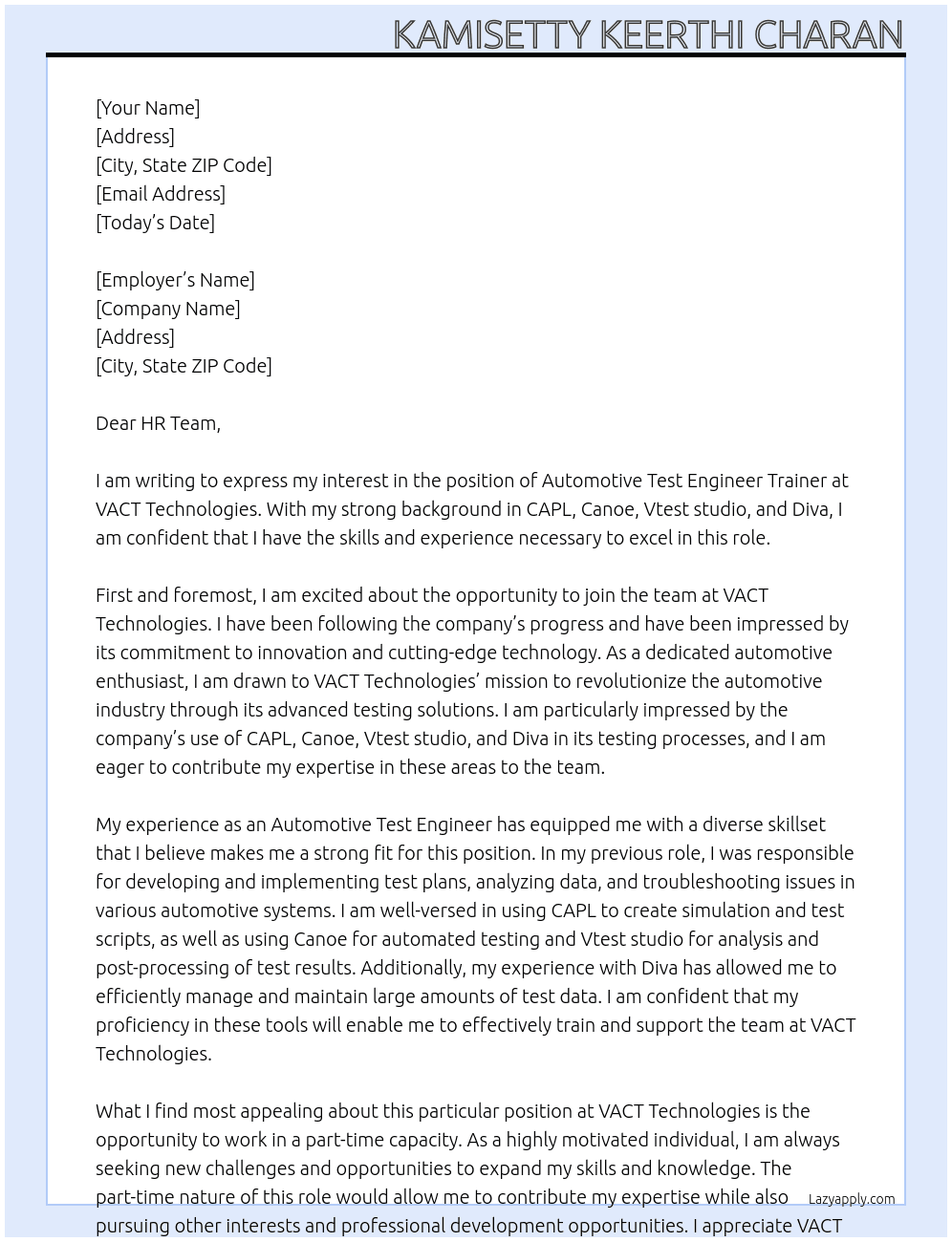 Automotive test enginner triner  At VACT Technologies Cover Letter