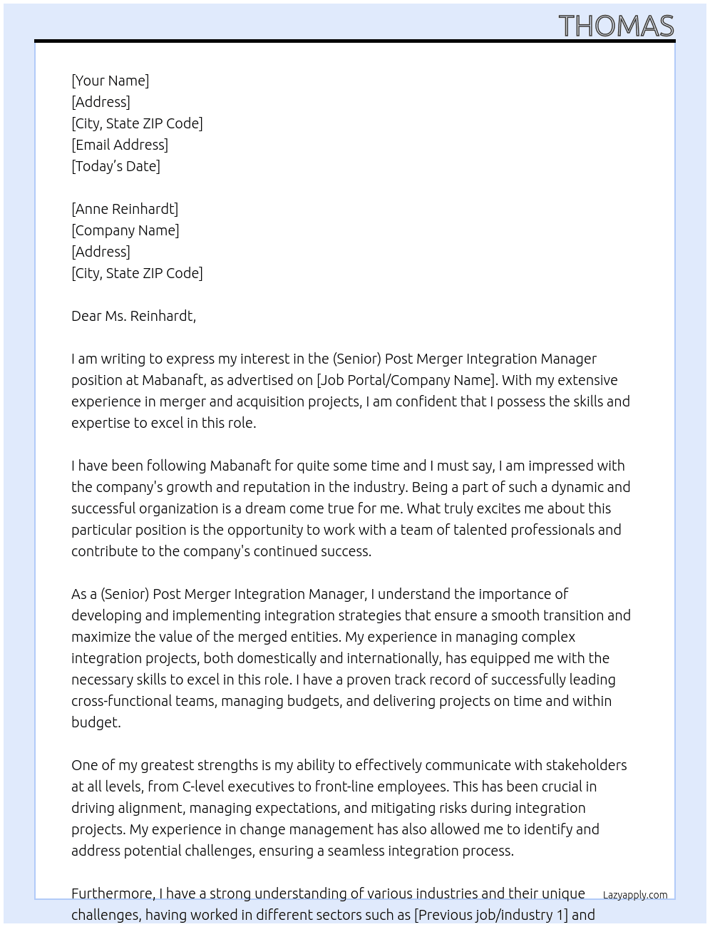(Senior) Post Merger Integration Manager At Mabanaft Cover Letter
