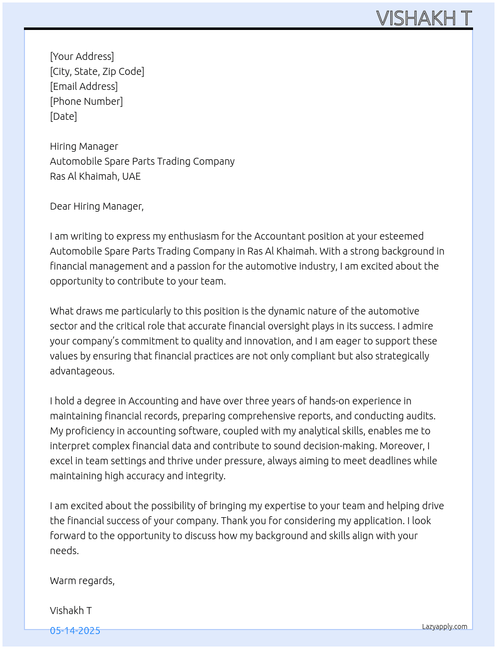 Accountant  At Automobile spare parts Trading company in Ras Al Khaimah, UAE Cover Letter