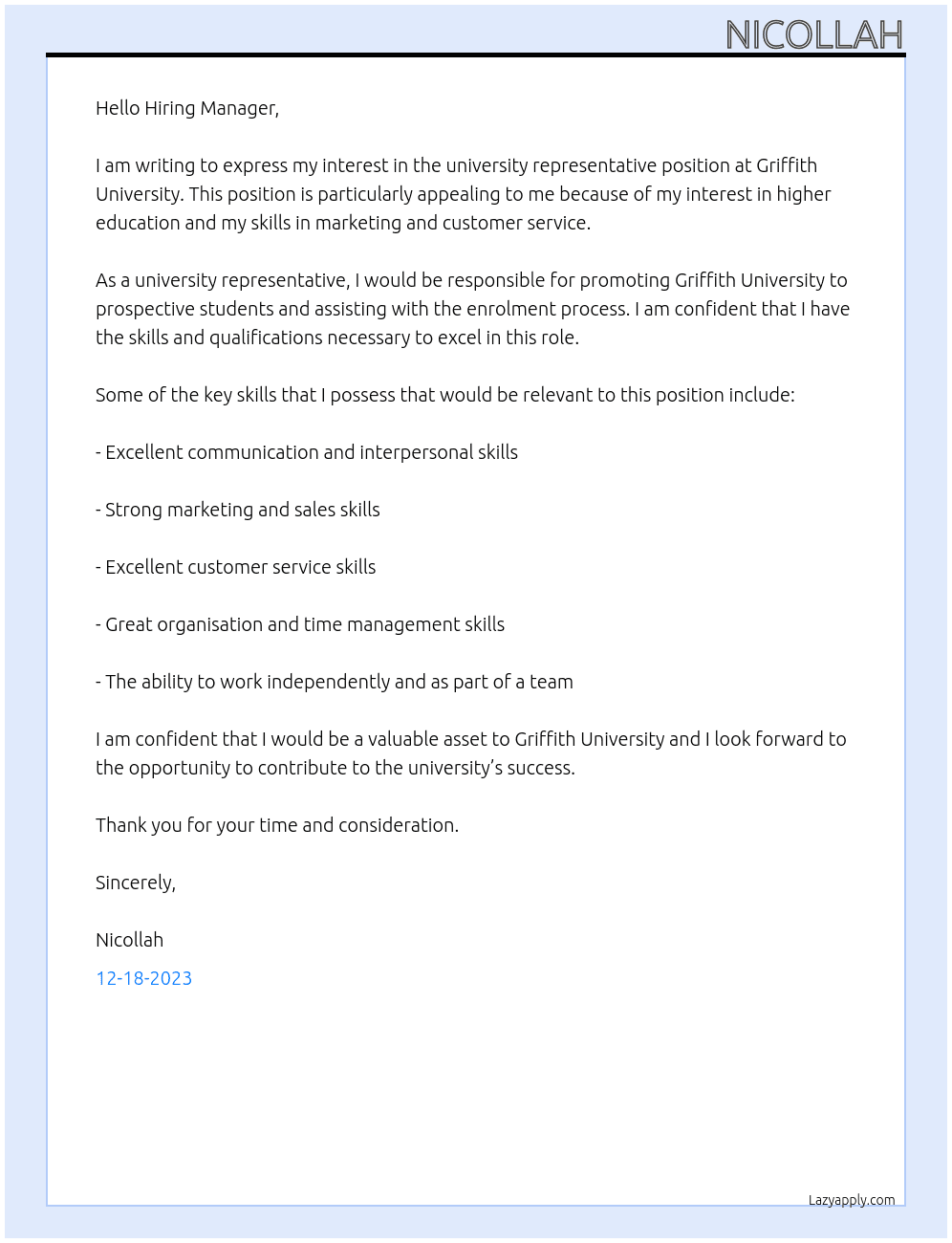 university represantitive  At Griffith University Cover Letter