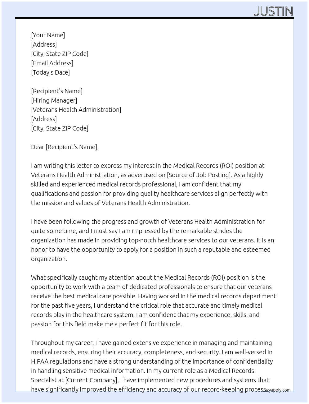 Medical Records (ROI) At Veterans Health Adminstration Cover Letter