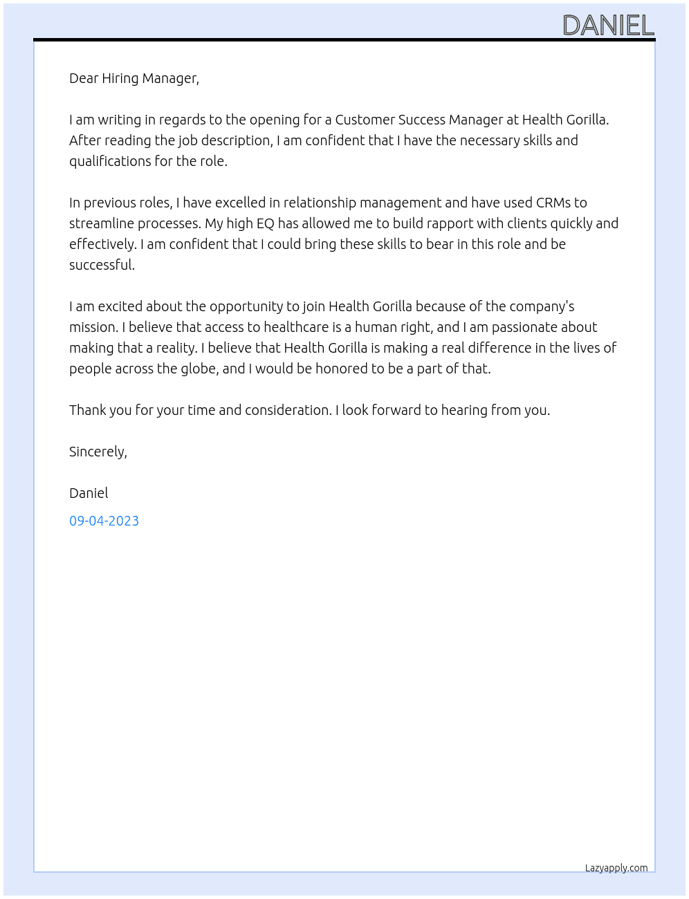 customer success manager At Health Gorilla Cover Letter