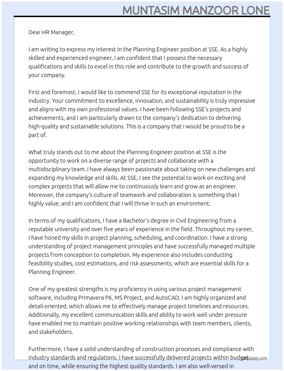 Planning Engineer At SSE Cover Letter
